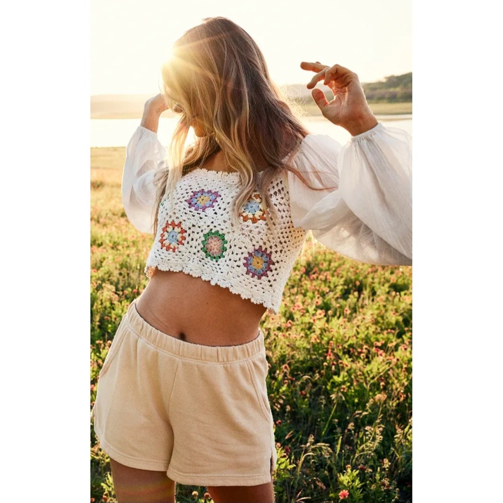 Aerie Crochet Crop Top Balloon Sleeve White Boho Cottagecore Festival Top M